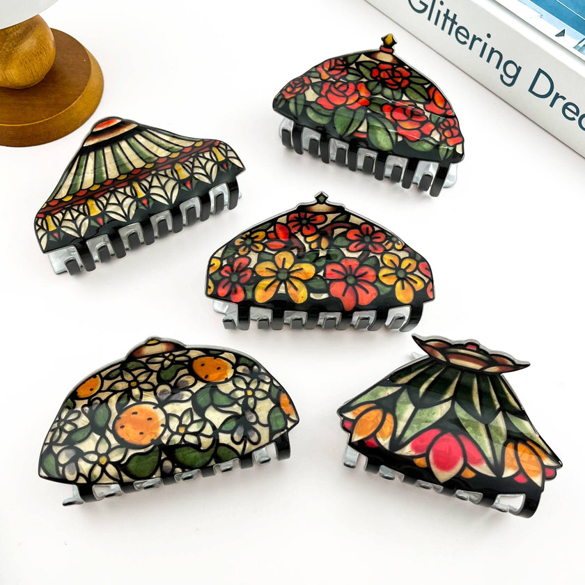 Vintage Floral Stained Glass Lamp Shade Acrylic Hair Claw