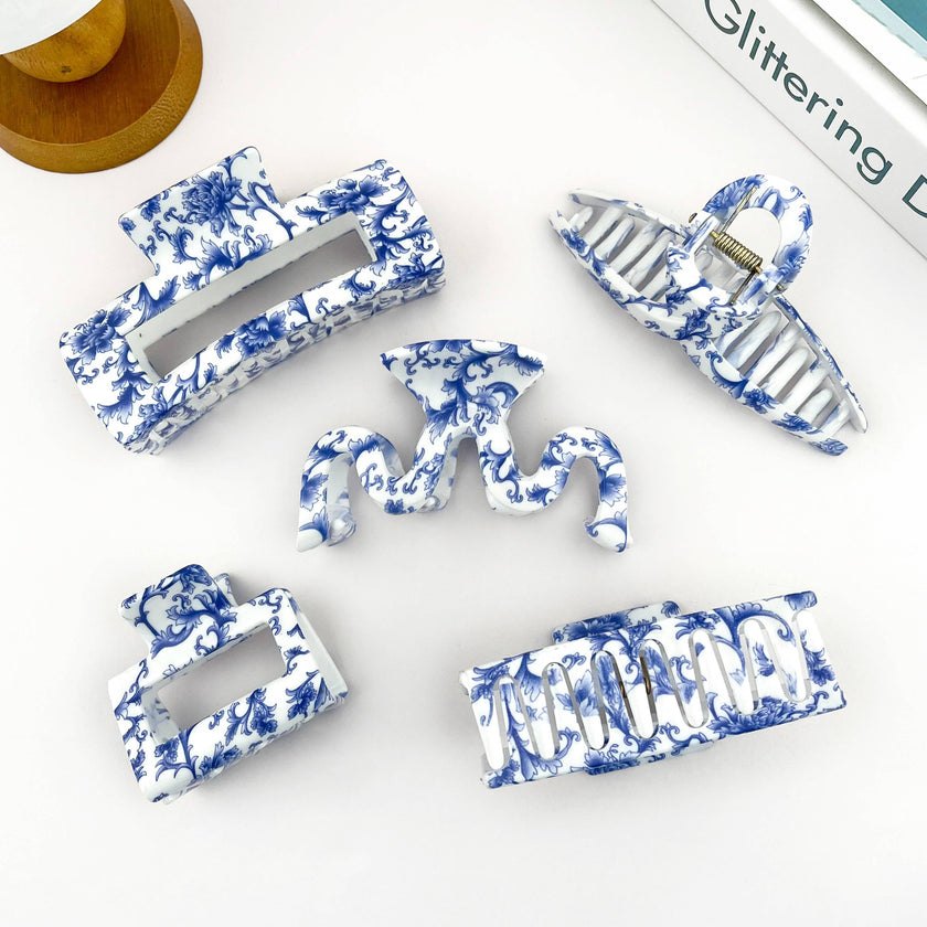 Blue and White Porcelain Textured Claw Clip