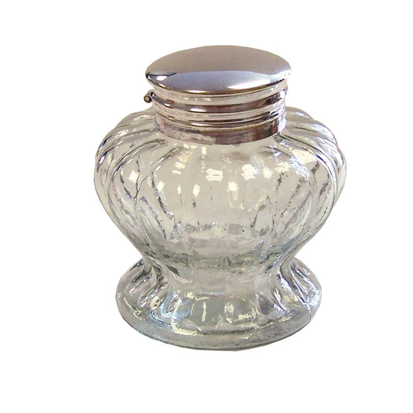 Clear Pedestal Glass Vintage Inkwell With Nickel Lid