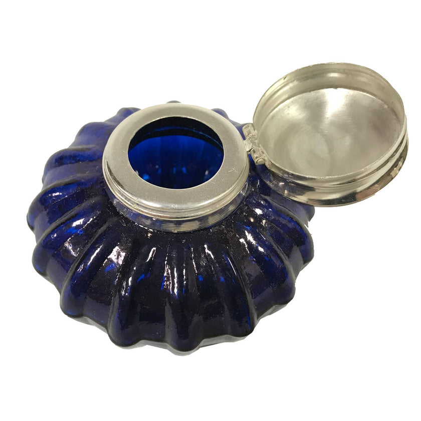 Cobalt Blue Swirl Glass Vintage Inkwell w/ Nickel Plated Lid, 3