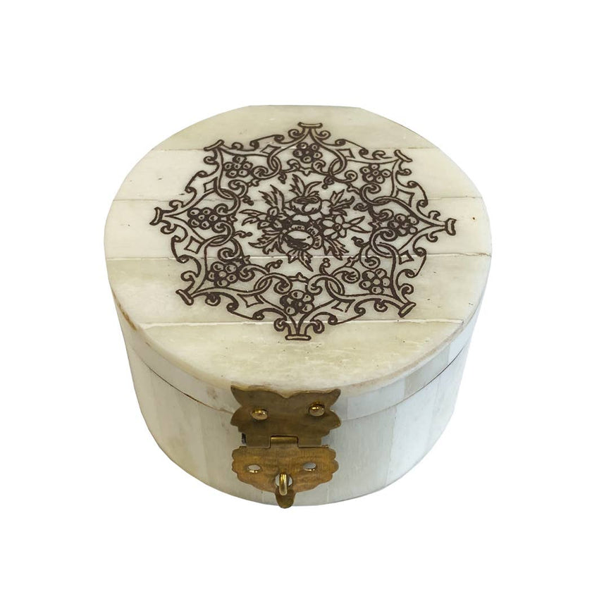 Round Bone Jewelry Box with Engraved Floral Design | Storage
