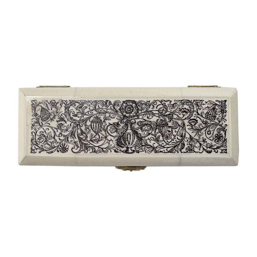 Jacobean Vase and Flowers Printed Ox Bone Stamp Box, 6-1/4”