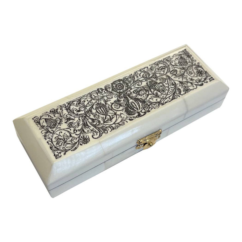 Jacobean Vase and Flowers Printed Ox Bone Stamp Box, 6-1/4”