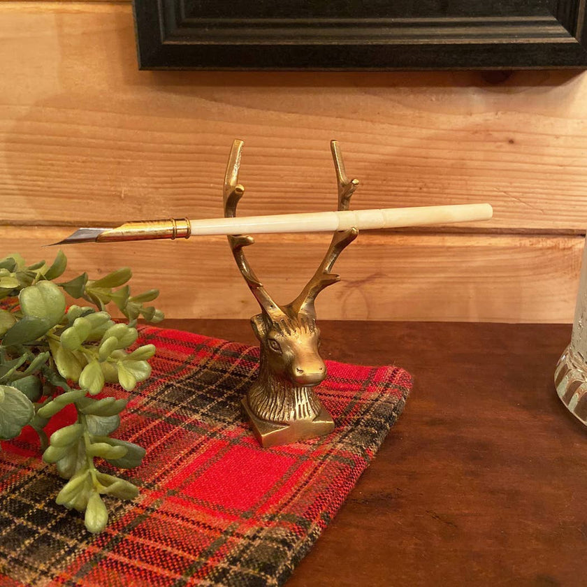 Antiqued Brass Stag Pen Holder/Paperweight, 4-1/4”