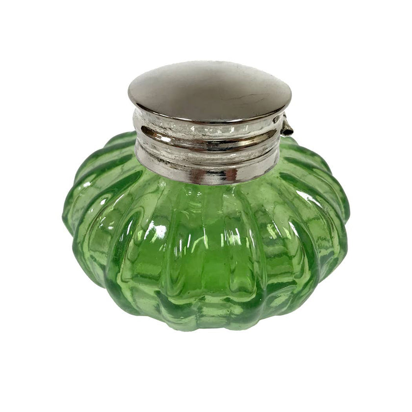 Light Green Swirl Glass Vintage Inkwell w/ Nickel Plated Lid, 3