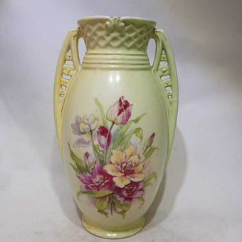 Green Vase with Pink Flowers