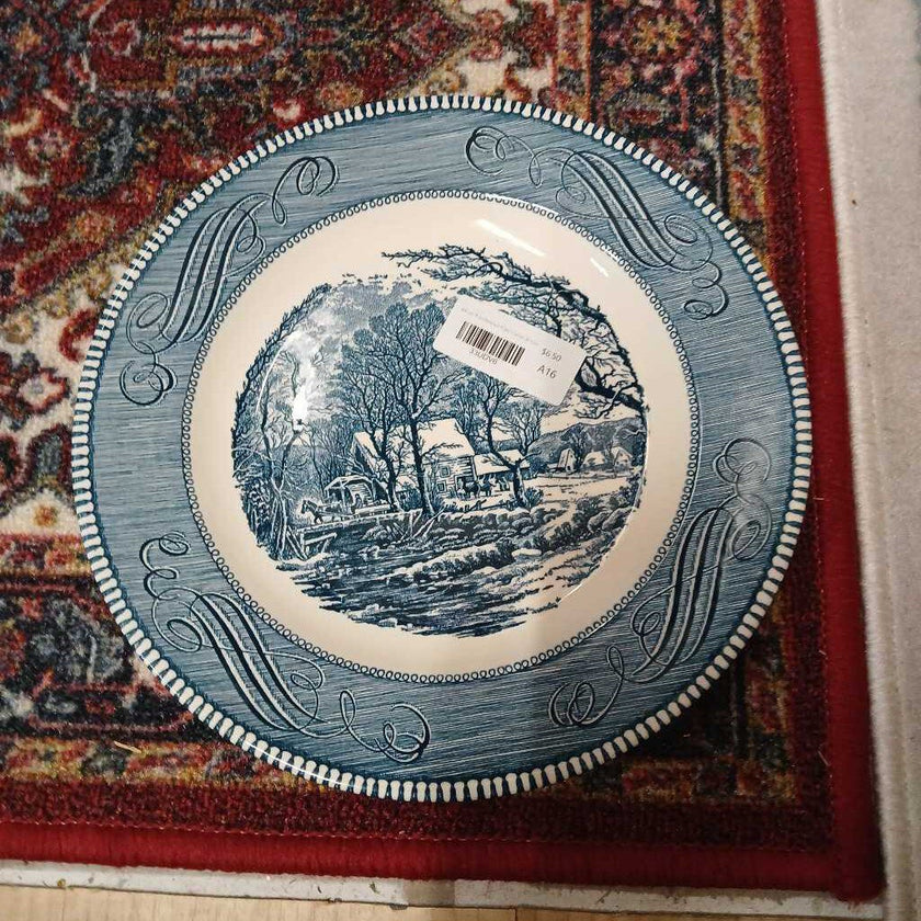 Blue Transferware Plate Currier & Ives