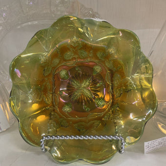 Millbersburg Grape Wreath Green Carnival Glass Ruffled Bowl