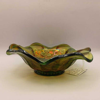 Milllersburg Grape Wreath Green Carnival Glass Ruffled Bowl