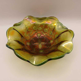 Milllersburg Grape Wreath Green Carnival Glass Ruffled Bowl