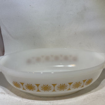 Glasbake oval milk glass Atomic dish