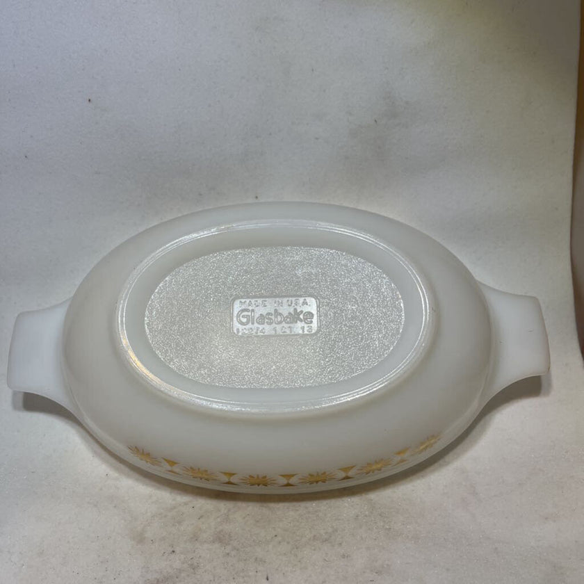 Glasbake oval milk glass Atomic dish