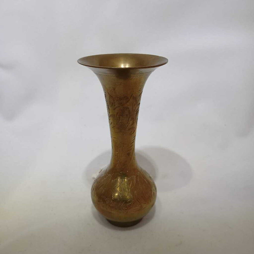 Sm Vtg floral etched brass vase