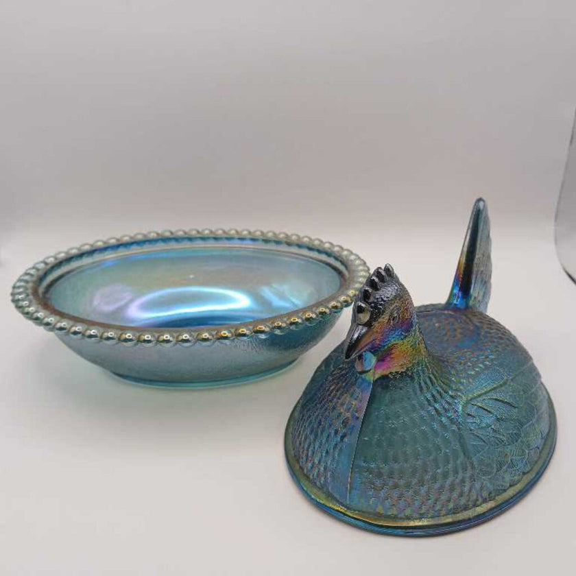 Blue Carnival Glass Hen on Nest