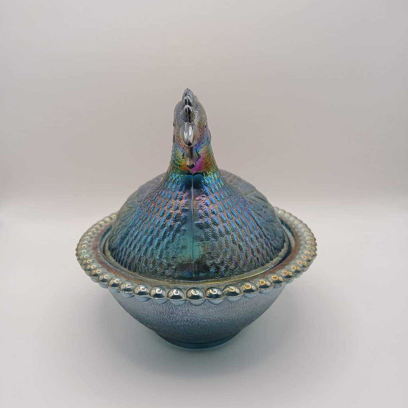 Blue Carnival Glass Hen on Nest