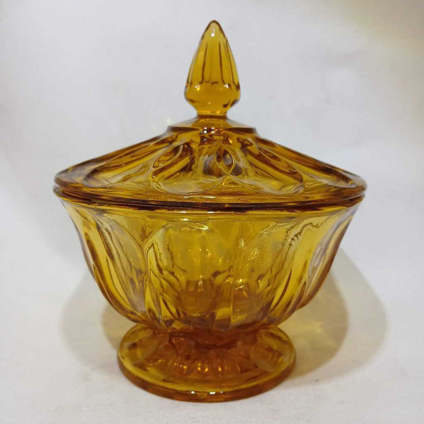 Vintage Anchor Hocking Amber Glass Fairfield Footed Candy Dish With Lid