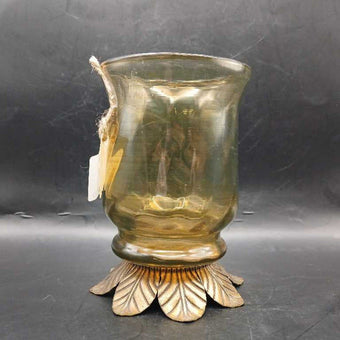 Vtg glass votive w/brass decorative leaf bottom