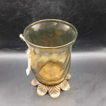 Vtg glass votive w/brass decorative leaf bottom