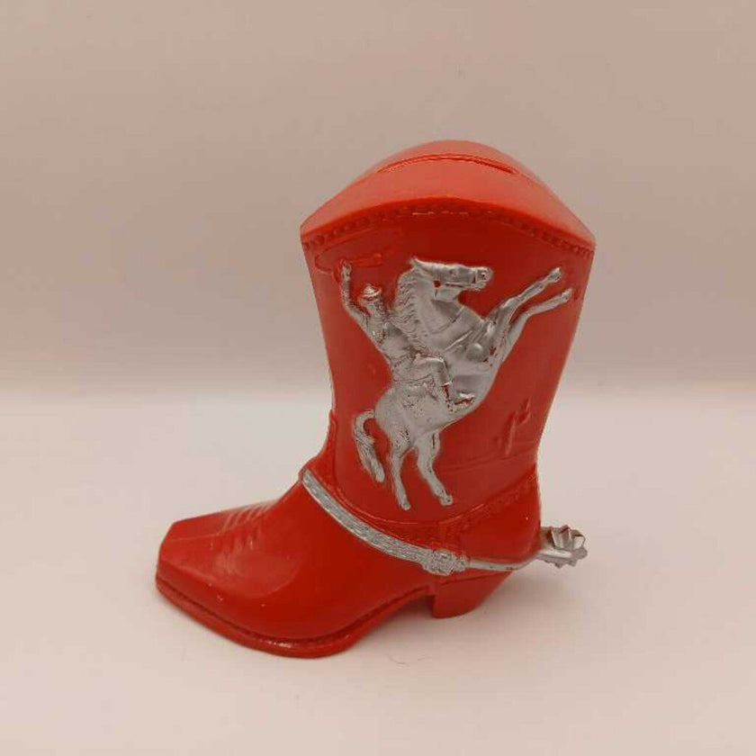 1950's Roy Rogers & Dale Evans Red Plastic Cowboy Boot coin bank by Fosta