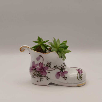 Purple Flower Porcelain Boot w/ Succulent