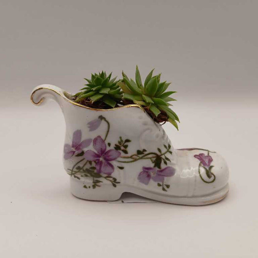 Purple Flower Porcelain Boot w/ Succulent