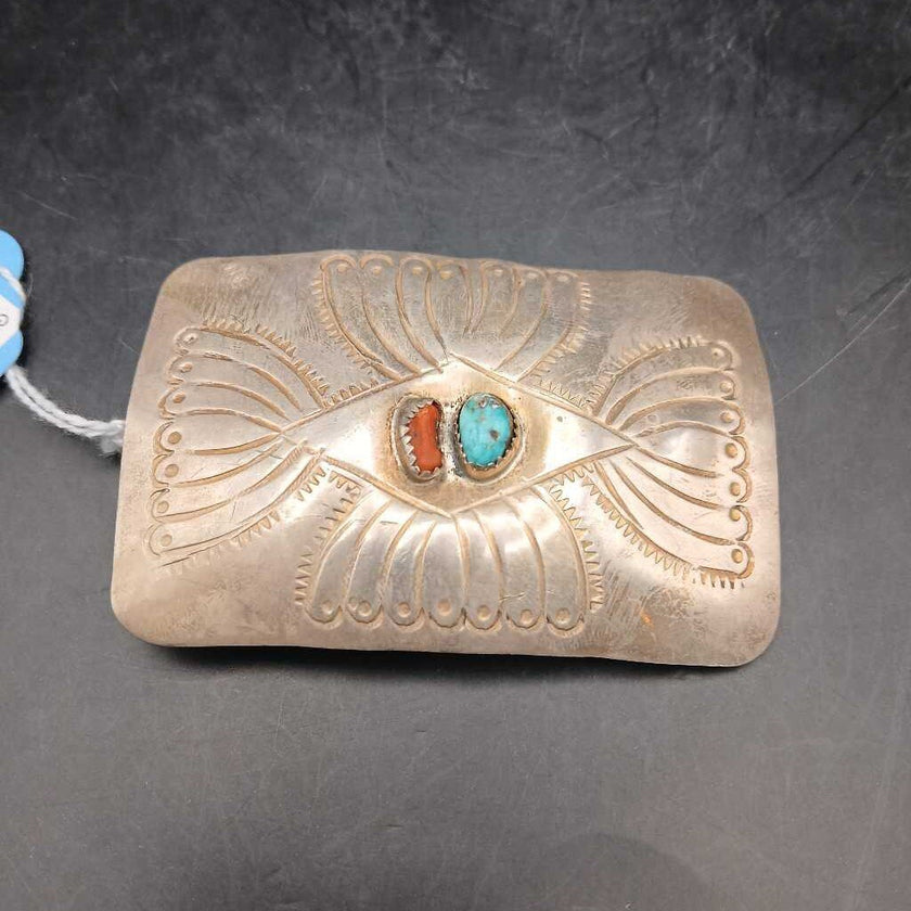 Handmade silver belt buckle turquoise & coral insets