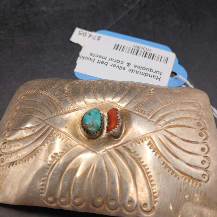 Handmade silver belt buckle turquoise & coral insets