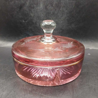 Vtg etched cranberry glass 3 part divided dish with lid