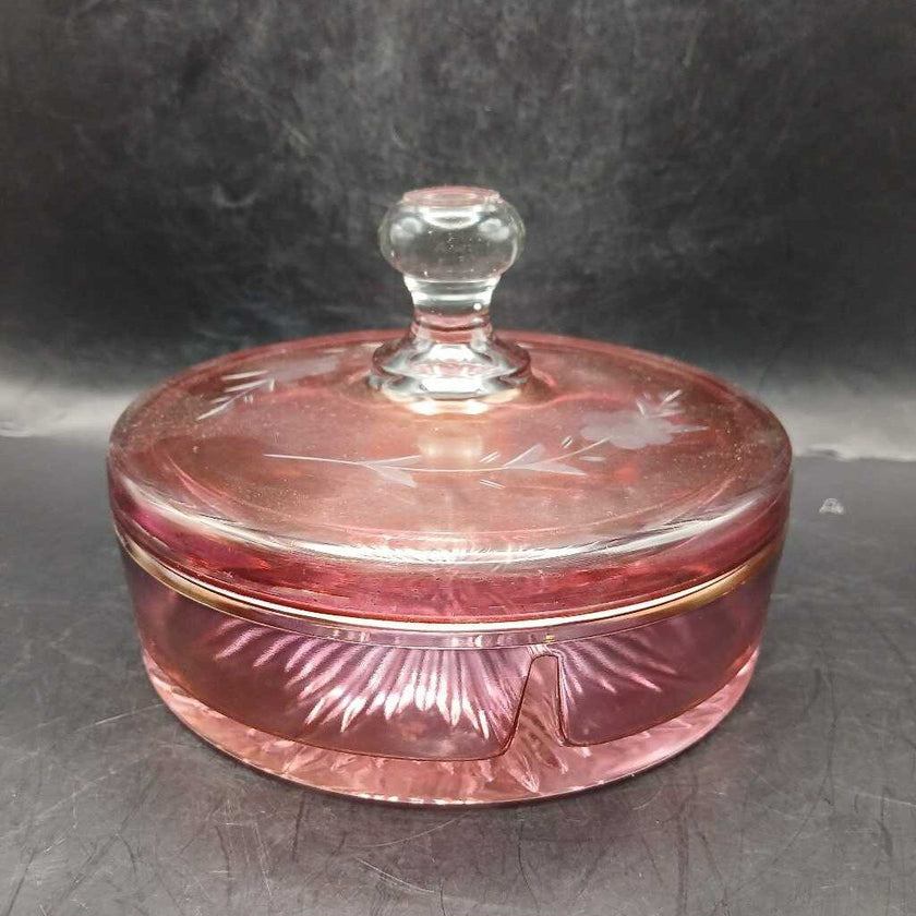Vtg etched cranberry glass 3 part divided dish with lid