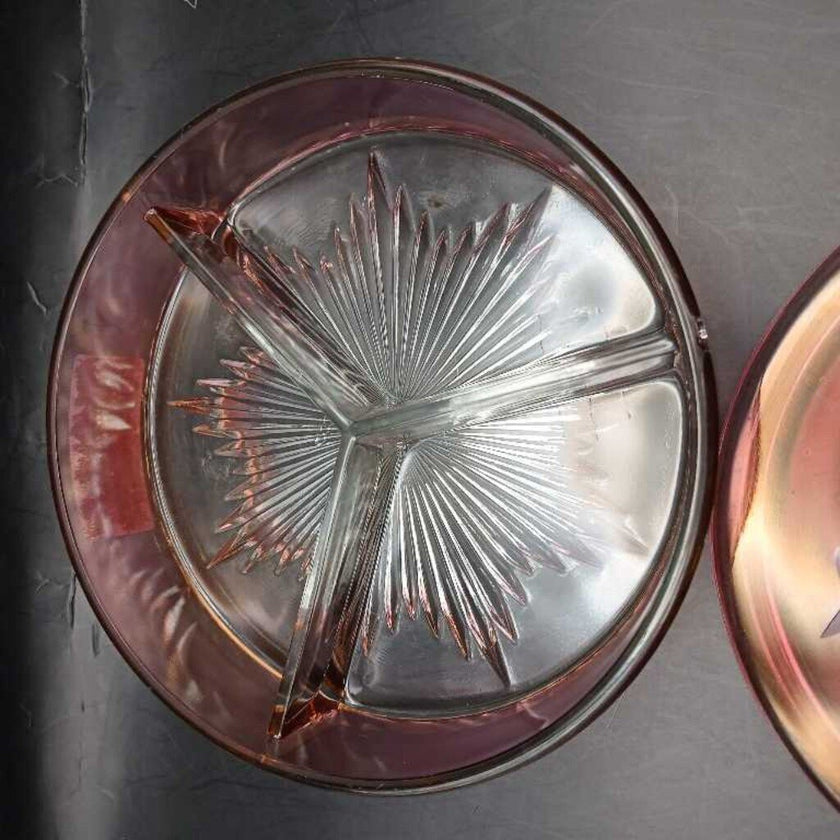 Vtg etched cranberry glass 3 part divided dish with lid