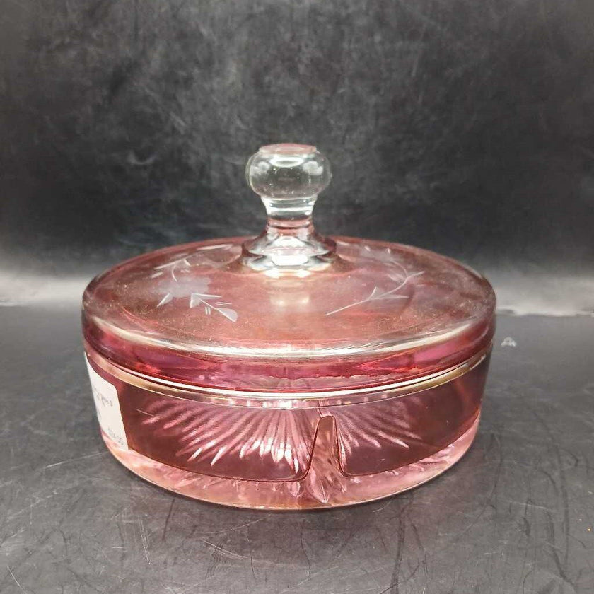 Vtg etched cranberry glass 3 part divided dish with lid