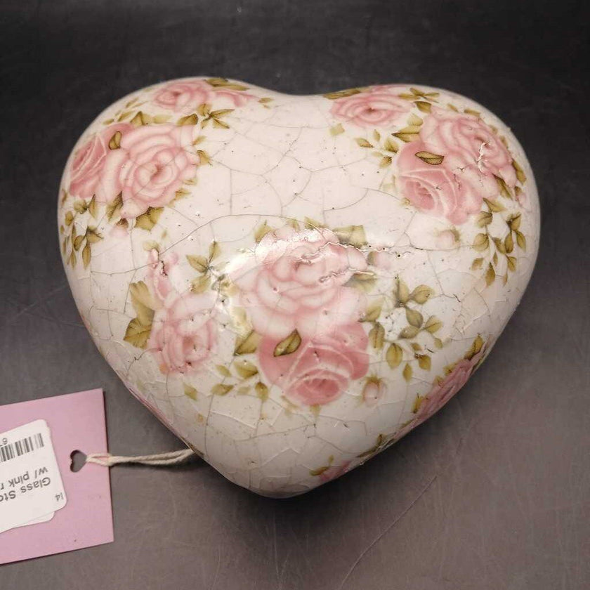 Glass Stoneware heart shape w/ pink rose