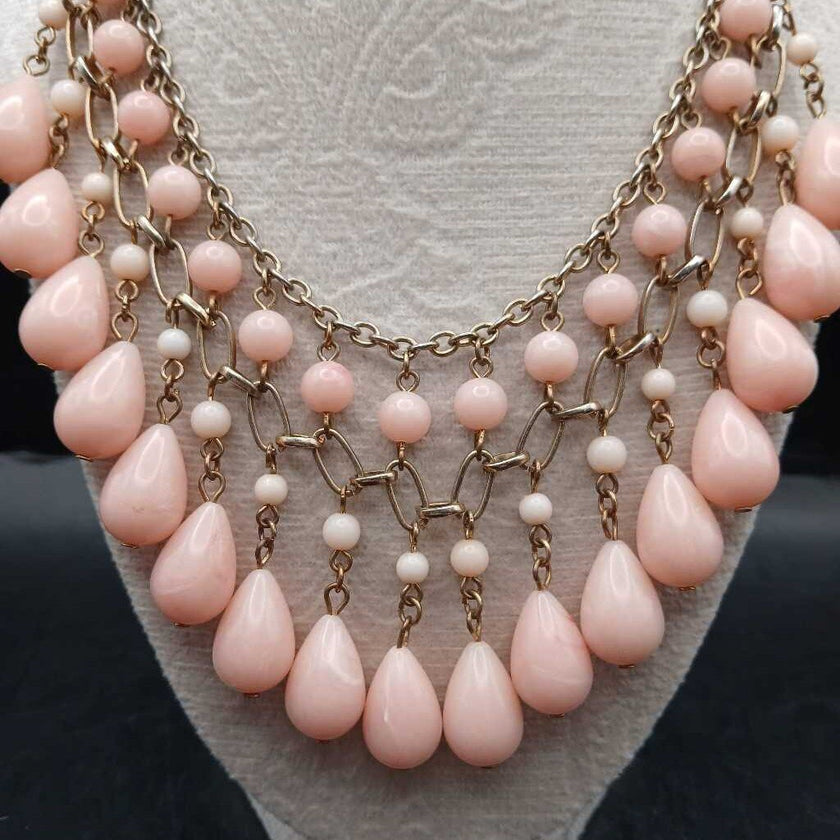 VTG Choker Statement Bib Necklace w/ Pink beads
