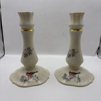 Vintage Lenox serenade tall hand painted red bird candle holders 24 karat gold rim