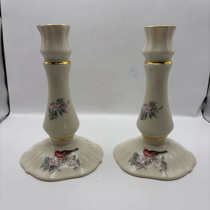 Vintage Lenox serenade tall hand painted red bird candle holders 24 karat gold rim