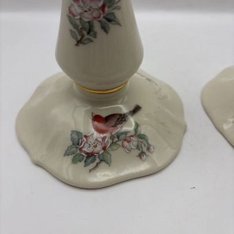 Vintage Lenox serenade tall hand painted red bird candle holders 24 karat gold rim