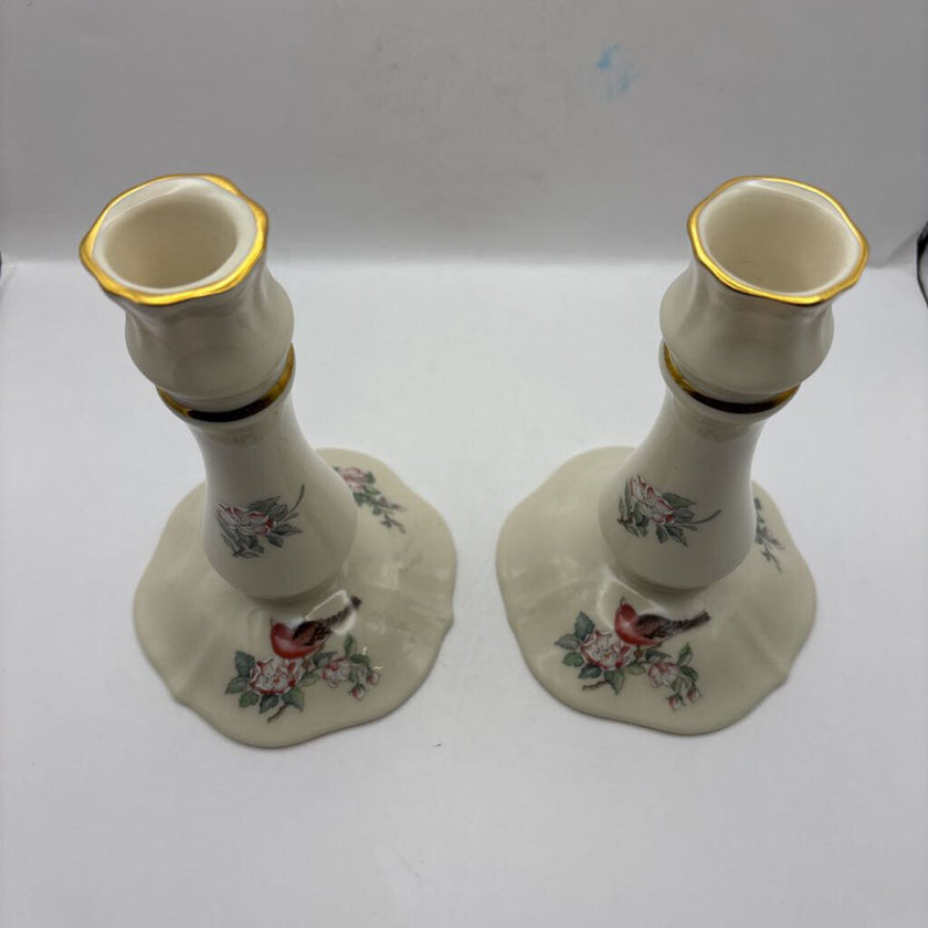 Vintage Lenox serenade tall hand painted red bird candle holders 24 karat gold rim