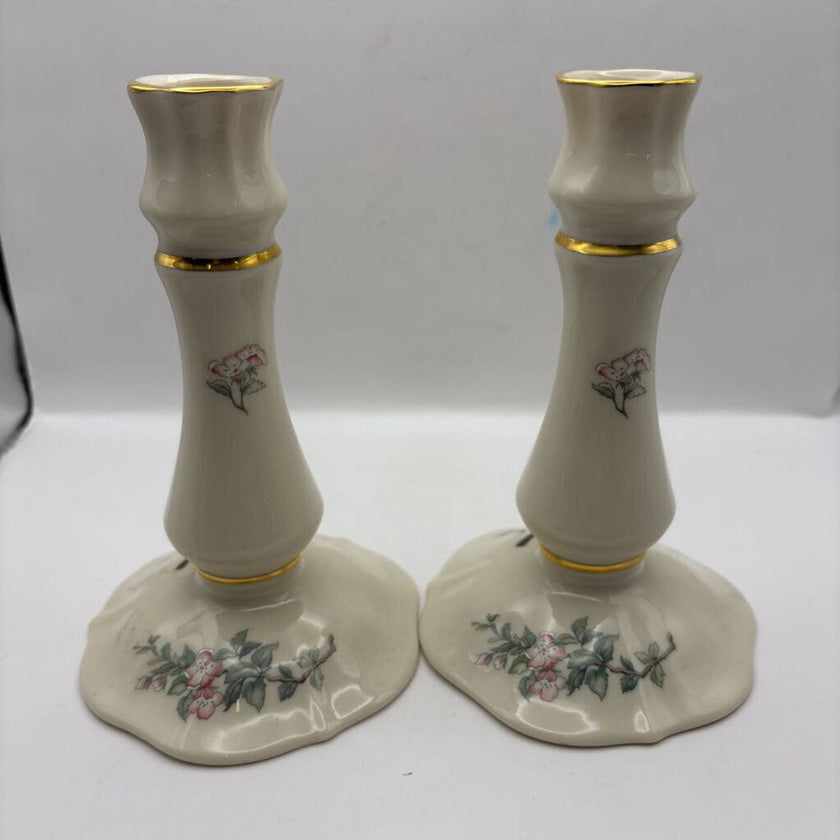Vintage Lenox serenade tall hand painted red bird candle holders 24 karat gold rim