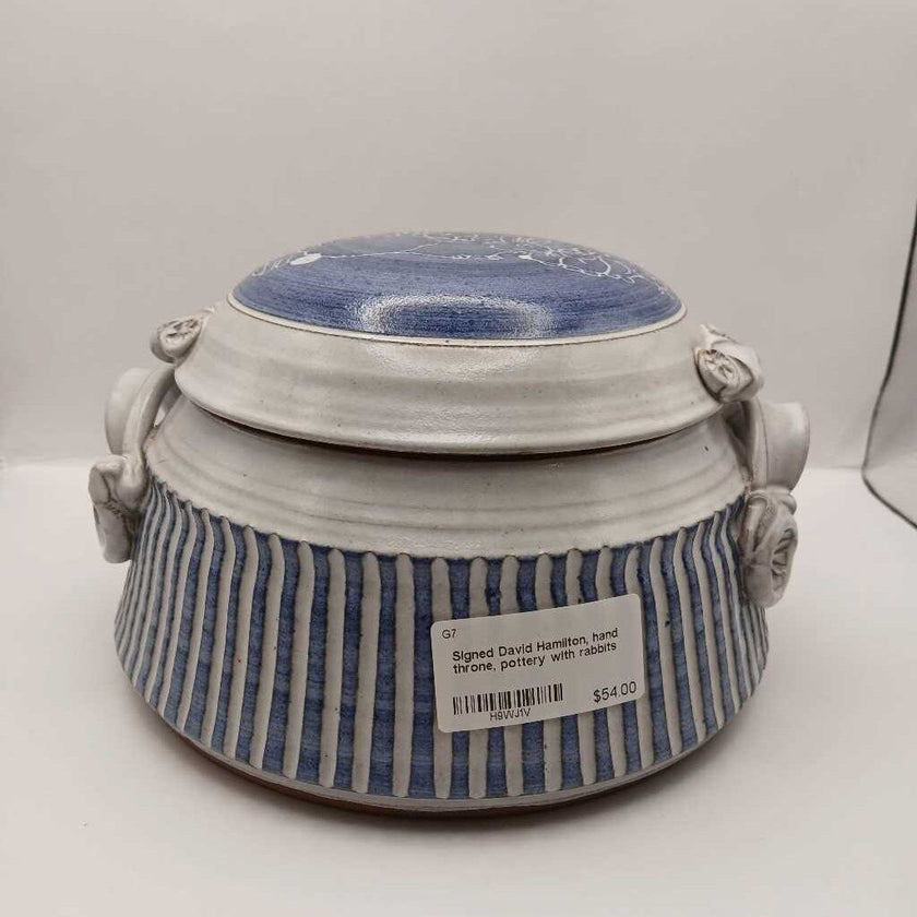 Signed David Hamilton, hand throne, pottery with rabbits