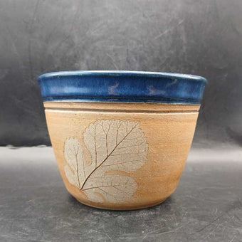 Handmade ceramic pot with leaf and blue rim SV Maker mark