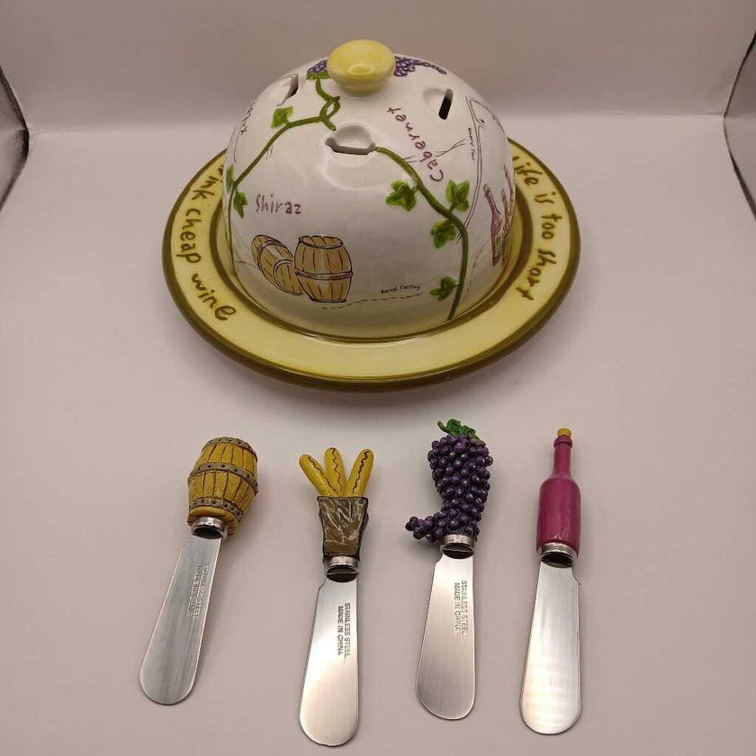 Napa Valley Wine Cheese Dome Plate 4 Spreaders
