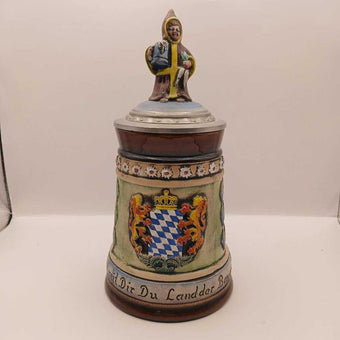 West Germany Hand Painted Beer Stein with Figural Lid
