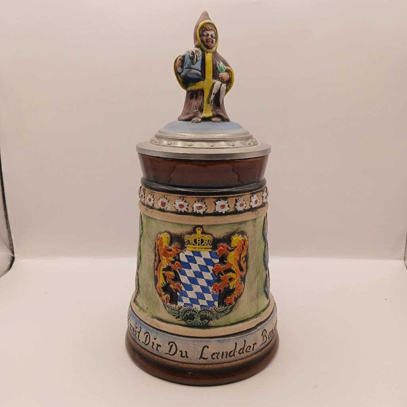West Germany Hand Painted Beer Stein with Figural Lid