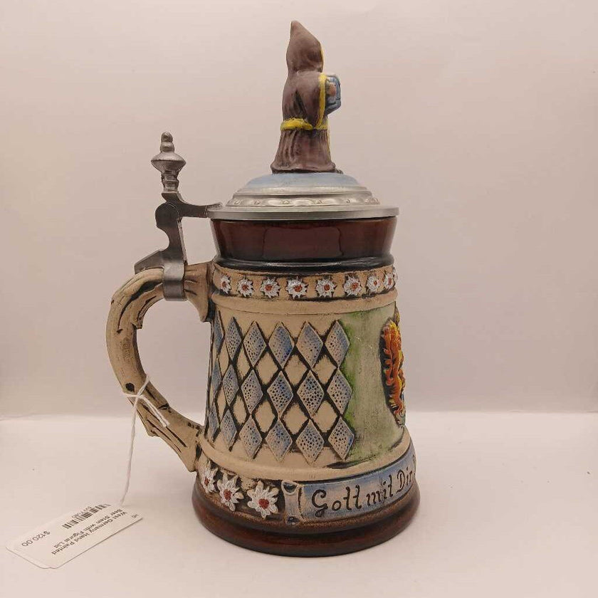 West Germany Hand Painted Beer Stein with Figural Lid