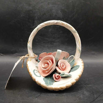 VTG Porcelain Basket w/ Handle & Capodimonte Style Pink Roses 