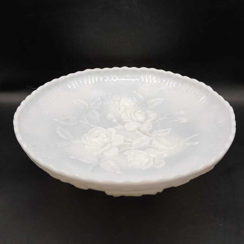 Vintage Imperial Milk Glass - Rose 3 Footed Bowl - 1950s