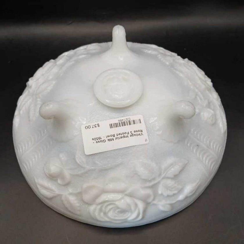 Vintage Imperial Milk Glass - Rose 3 Footed Bowl - 1950s