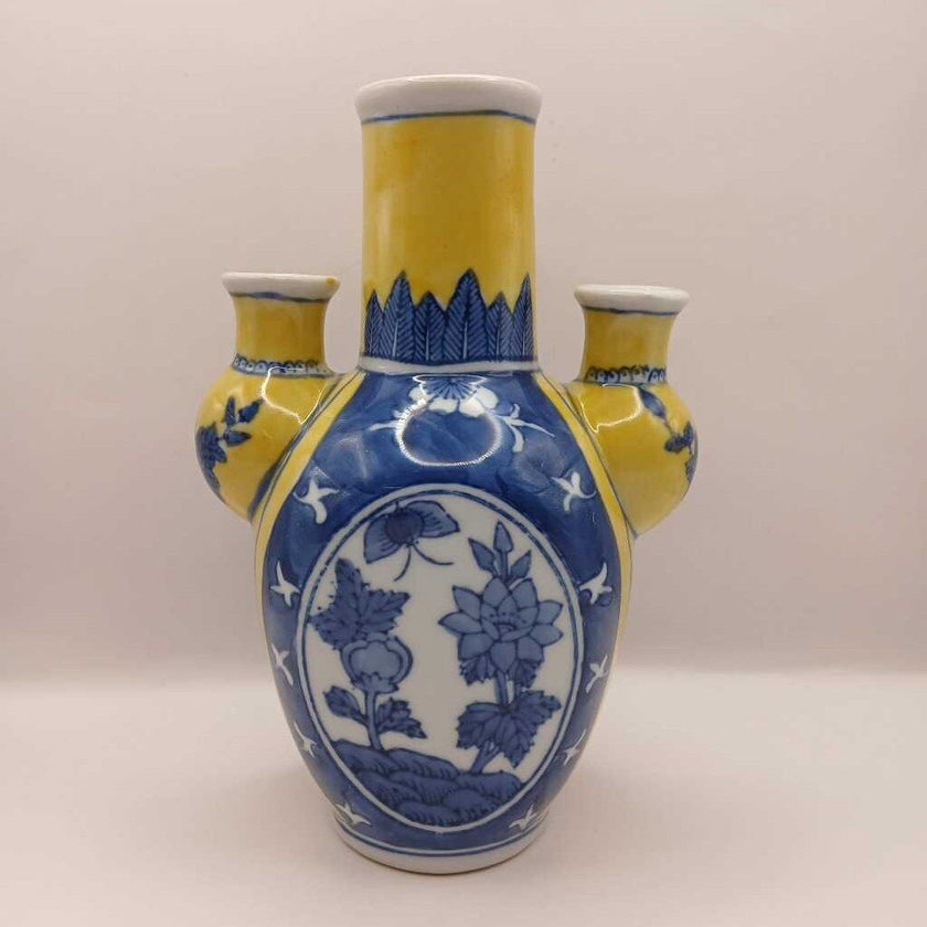 ASIAN DECOR Yellow Blue and White Chinese Porcelain 3-Tiered VASE 8