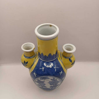 ASIAN DECOR Yellow Blue and White Chinese Porcelain 3-Tiered VASE 8