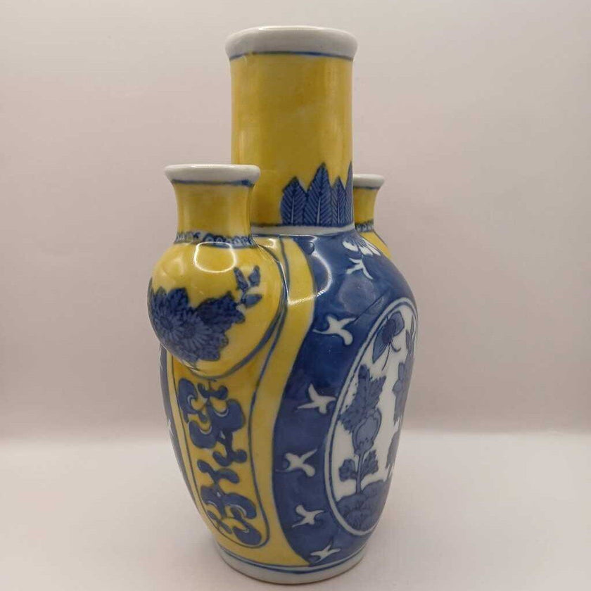 ASIAN DECOR Yellow Blue and White Chinese Porcelain 3-Tiered VASE 8